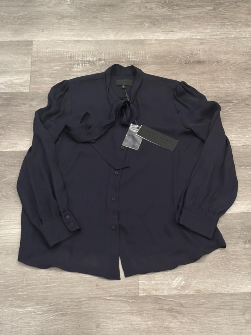 Nili Lotan Carina Top Silk Blouse Midnight Blue Tie Neck Womens M NWT $585